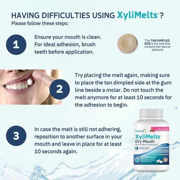Oracoat XyliMelts Dry Mouth Relief - Berry Smoothie Stick-On Melts with Xylitol, Non-Acidic, Time Release for 8 Hours,