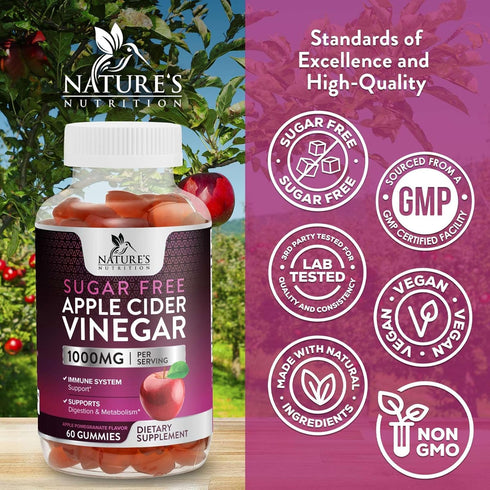 Nature's Nutrition Apple Vinegar Gummy for Weight Loss 1000mg - Vegan ACV Gummies for Detox & Cleanse, 60 Gummies