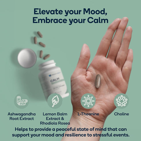 Calm - Natural Stress Relief & Mood Support Supplement with Ashwagandha, Lemon Balm, L-Theanine - 60 Vegan Capsules