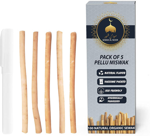 Pack of 5 Miswak Sticks with Holder - Natural Flavored Chew Sticks for Teeth Whitening, Oral Health & Fresh Breath