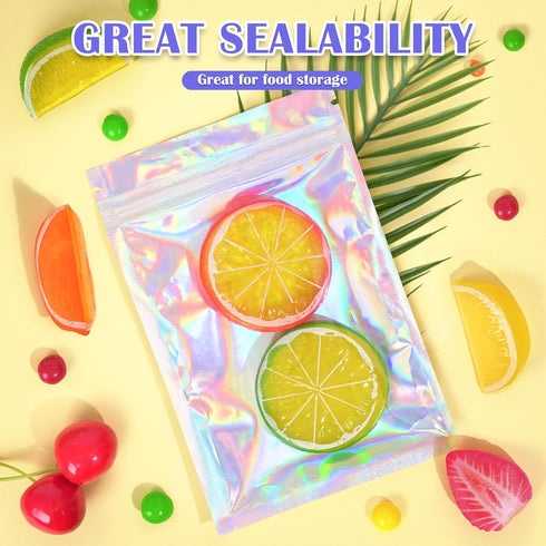 100 Pcs Holographic Mylar Bags, Resealable Smell Proof Bags for Small Business, Gift Packaging (2.8x3.9in)