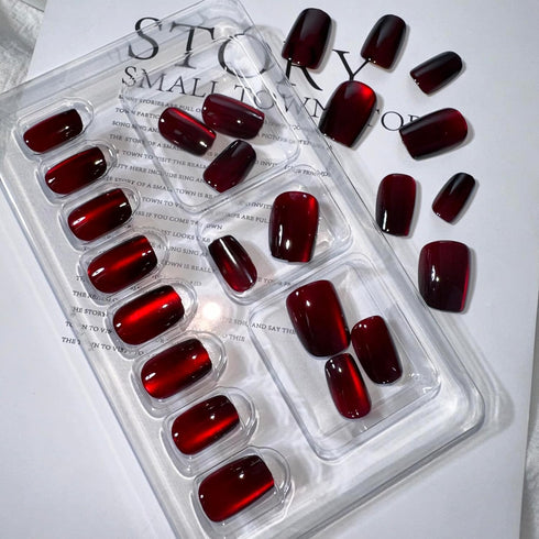Wine Red Press on Nails, Short Square Cat Eye Nails, Glossy Glue on Nails, 24Pcs Reusable for Women