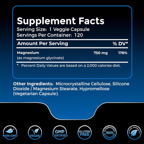 Magnesium Glycinate Capsules - 750mg | 120 Count, Magnesium Supplement for Women and Men – Pure Complex Magnesium Glycinate, High Absorption, Heart Health, Sleep Supplement