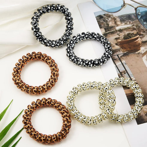 Leopard Spiral Hair Ties (6 Pcs) - No Crease Coil Ponytail Holders for All Hair Types