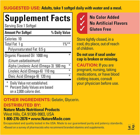 Nature Made Flaxseed Oil 1000 mg, 100 Softgels, Fish Free Omega 3 Supplement for Heart Health Support, 100 Day Supply