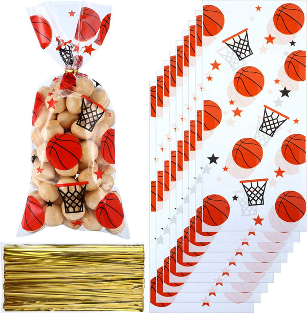 Blulu 100 Pieces Basketball Party Treat Bags with 100 Pack Gold Twist Ties for Sports Team Party Favors