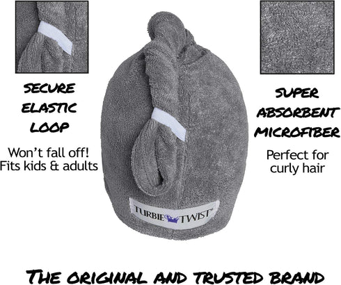 Turbie Twist 2-Pack Microfiber Hair Towel, Hair Wrap Turban for Straight, Wavy & Curly Hair - Grey & Blue