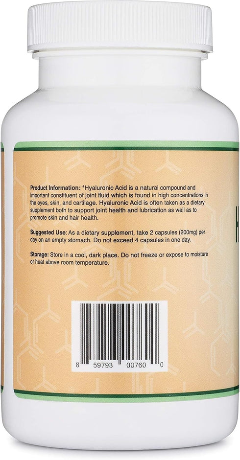 Hyaluronic Acid Supplements, 180 Capsules (200mg Per Serving) for Skin and Face Aging Support, Gluten Free by Double