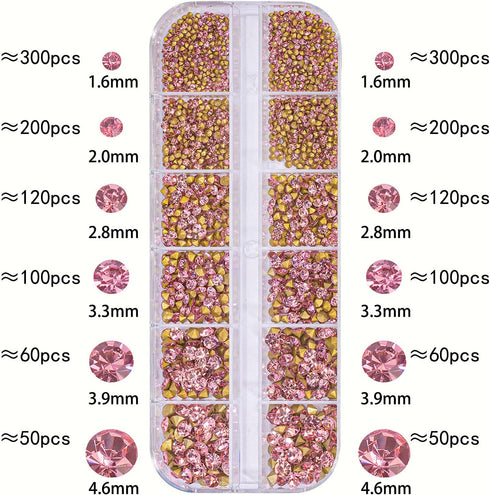 1 Box 12Grids Nail Art Sharp Bottomed Rhinestones 1660Pcs Nail Gems Light Pink Charms Gem Stones, with Storage Organizer Box/Size(1.6mm-4.6mm) for Nail Art Craft