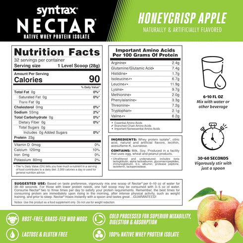 Syntrax Nutrition Nectar, 100% Whey Isolate Protein Powder, Honeycrisp Apple, 2 lbs