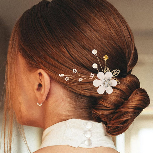 NUOBESTY 4Pcs Wedding Hair Clip Comb, Handmade Bridal Hair Clip, Pearl Floral Leaf Accessories for Women Wedding (White)
