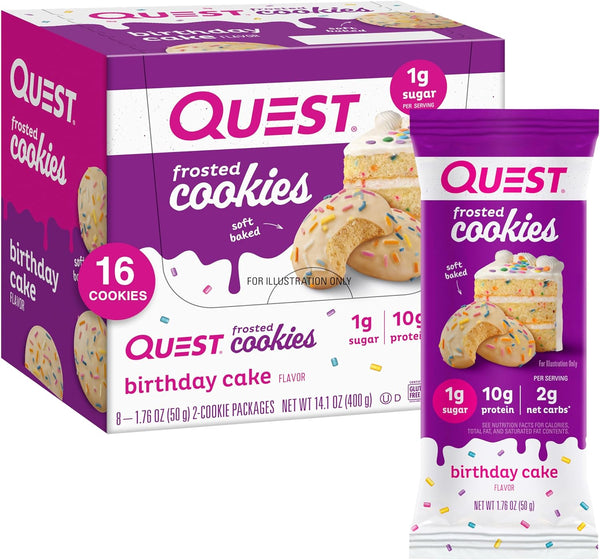 Quest Nutrition Frosted Cookies Twin Pack, Birthday Cake, 1g Sugar, 10g Protein, 2g Net Carbs, Gluten Free, 8 Count
