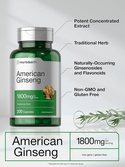 Horbaach American Ginseng Capsules | 200 Count | 1800 mg | Non-GMO, Gluten Free Supplement