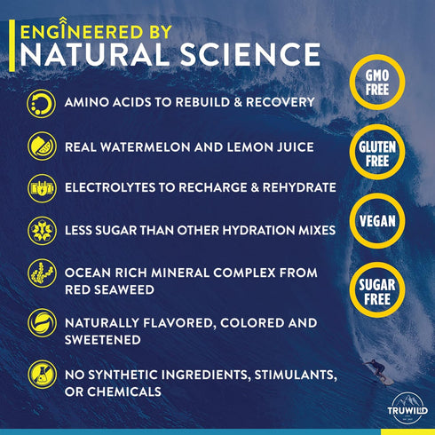 TruWild Natural Hydration Powder, Zero Sugar Vegan Electrolytes + Amino Acids, Post Workout Muscle Support Supplement