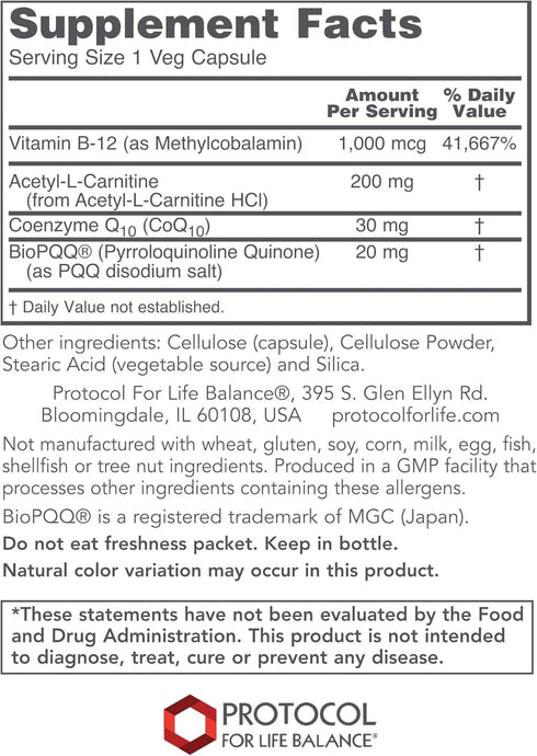 Protocol PQQ Complex - Mitochondrial Health with CoQ10 & L Carnitine - Energy Supplements - 30 Veg Caps