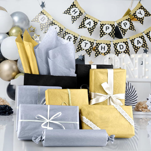 NACHLYNN 60 Sheets Metallic Tissue Paper Bulks Gold Silver Black Gift Wrapping Paper 14 x 20 inch Art Paper Crafts for Graduation Crafts Gift Wedding Holiday Party Decorations