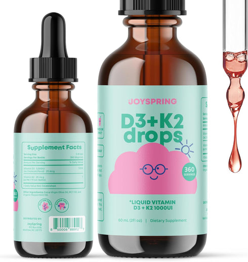 Children Vitamin D Drops, 1000iu Vitamin D3 K2 Liquid for Kids, Supports Strong Bones and Immune System - 360 Servings