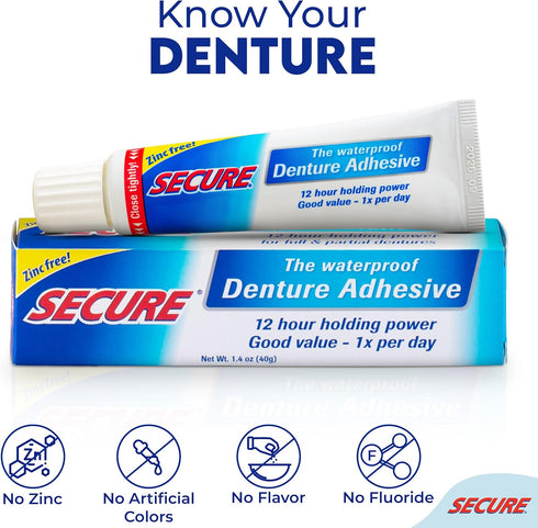 Secure Waterproof Denture Adhesive, Zinc Free, Extra Strong 12 Hour Hold, 1.4 oz, Pack of 2