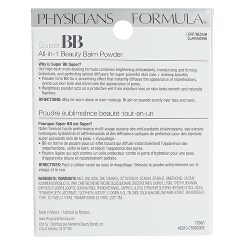 Physicians Formula Super BB Cream, All-in-1 Beauty Balm Powder, Light/Medium, Dermatologist Tested