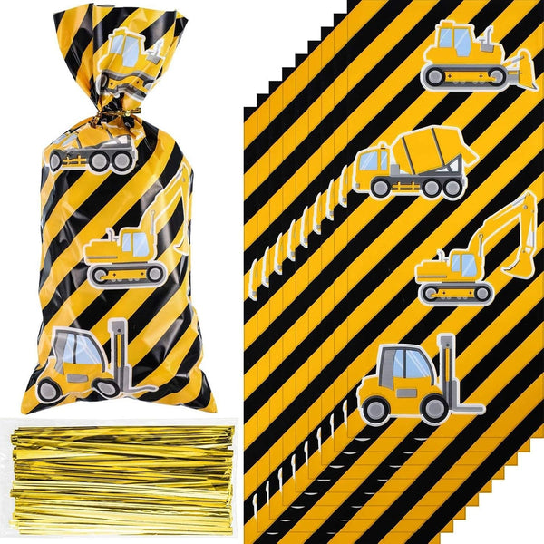 Gejoy 100 Pieces Construction Party Favor Bags, Truck Themed Candy Treat Gift Bags with Golden Twist Ties