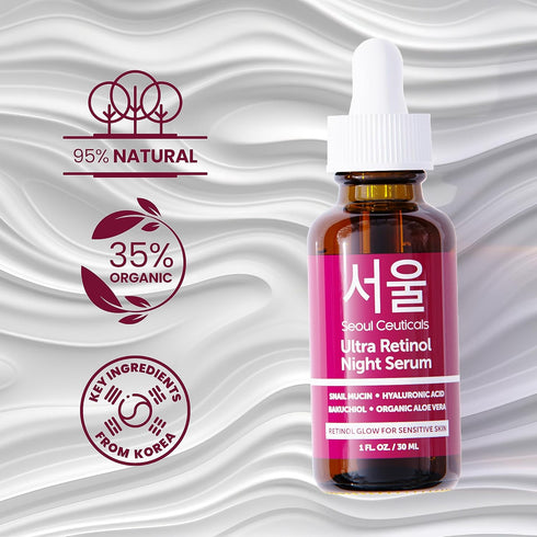 SeoulCeuticals 1% Korean Retinol Night Serum for Face - 97.5% Snail Mucin + Hyaluronic Acid + Bakuchiol, 1oz