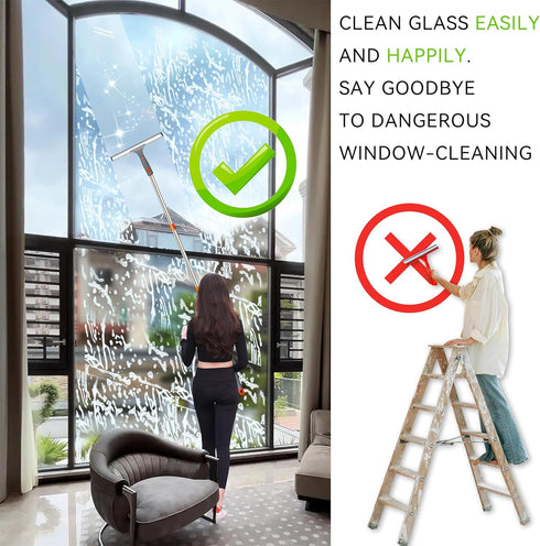 2 in 1 Window Squeegee & Washable Duster, Long Sturdy Handle Home Cleaning Kit for High Glass Windows