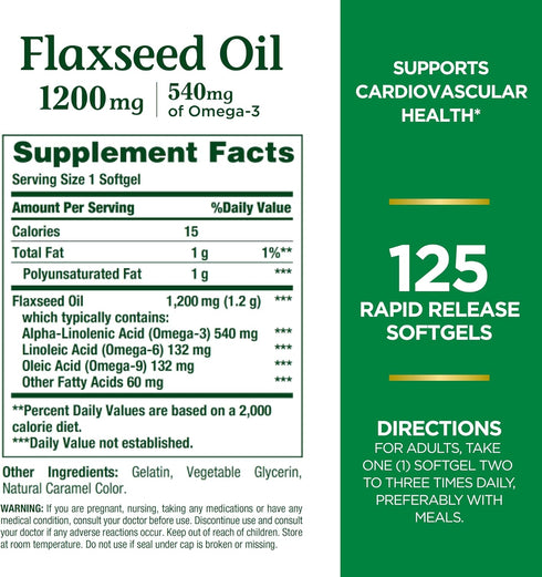 Nature's Bounty Flaxseed and Omega 3, Dietary Supplement, Supports Cardiovascular Health, 1200mg, Softgels, 125 ct