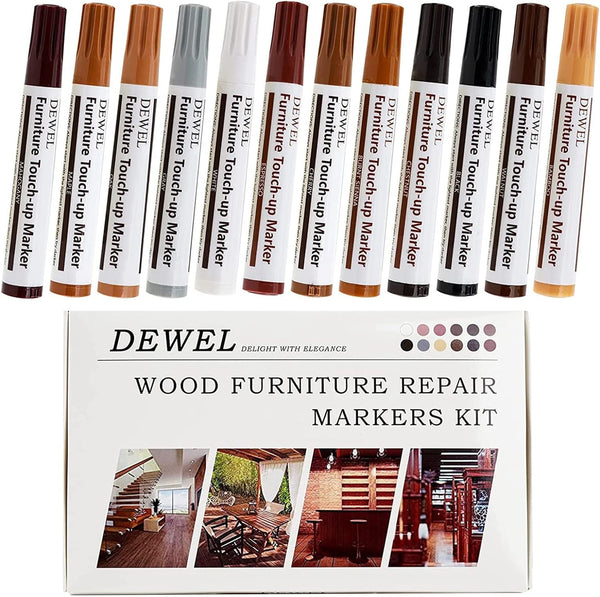 DEWEL Premium Furniture Touch Up Markers, 12 Colors Wood Scratch Repair Kit for Stains, Floors, Tables