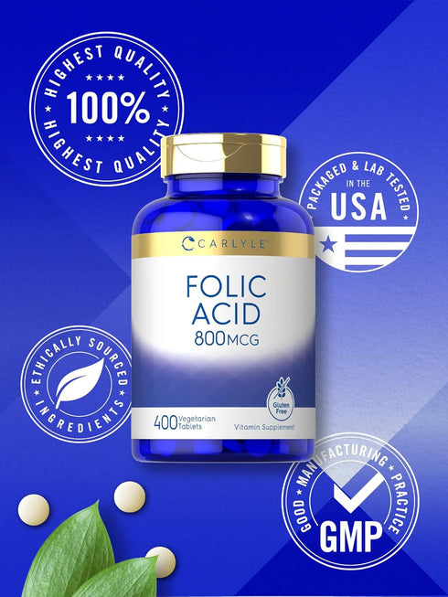Carlyle Folic Acid 800 Mcg Tablets | 400 Count | Vegetarian, Gluten Free, Non-GMO Supplement