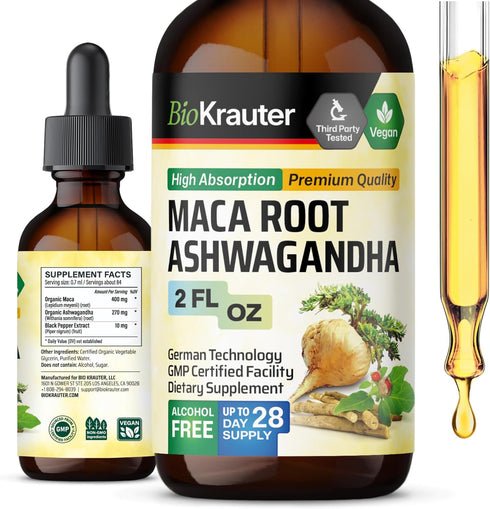 Maca Root and Ashwagandha Tincture | Organic Liquid Supplement for Men & Women | Adaptogenic Mood Support | Alcohol and