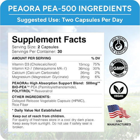 PEAORA PEA-500 - Bladder & Pelvic Discomfort Support for Women & Men - High-Absorption Palmitoylethanolamide, USA Made