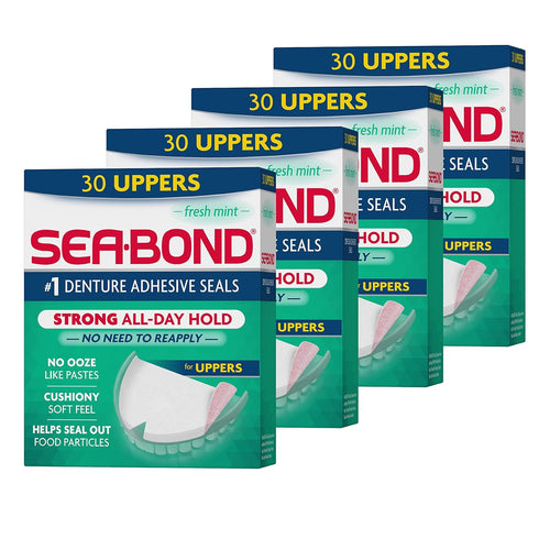 Sea-Bond Secure Denture Adhesive Seals, Fresh Mint Uppers, Zinc-Free, All-Day-Hold, 30 Count Pack of 4