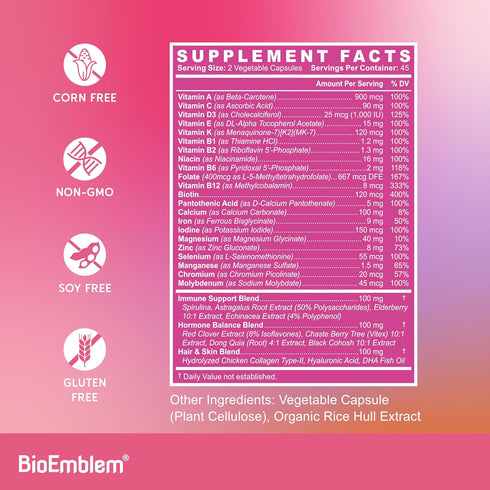 Immunity, B12, B6, D3, 90 BioEmblem Women's Multivitamin - Complete Daily Multi for Energy, Hair, Skin with Vitamin A
