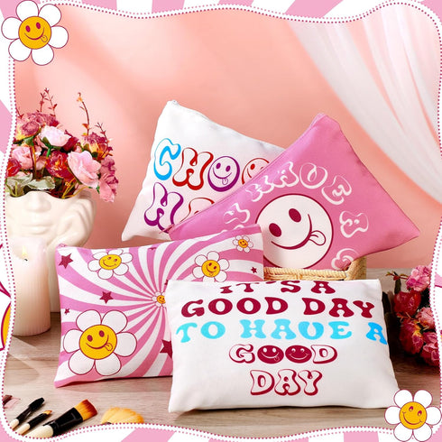 Kajaia 12 Pcs Preppy Makeup Bag with Zipper - Pink Smile Face Cosmetic Bag for Women
