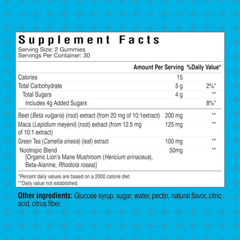 Pre Workout Gummies, 60 Gummies, 30 Servings | Supports Energy Levels, Boosts Performance, Natural Beet Root, Blue
