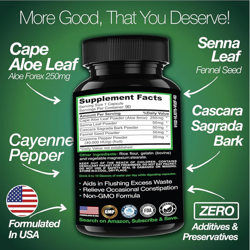 Cape Aloe Colon Cleanse, Detox & Flush - 90 Capsules, Gentle Constipation Relief and Natural Herbal Laxative