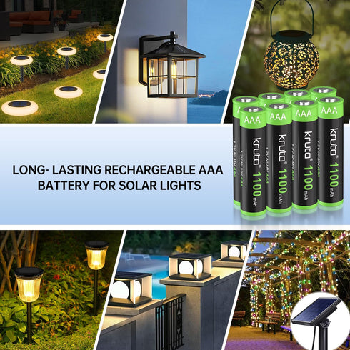 Kruta Solar Lights Batteries AAA 1100mah High Capacity 1.2V Ni-MH Rechargeable for Outdoor Solar Lights, Pack of 8