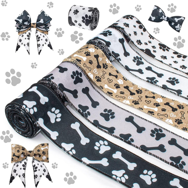 Dog Ribbon Paw Print 5 Rolls Wired Edge Ribbon 2.5 Inch 25 Yards Burlap for Crafts Party Home Wedding Gift Decor
