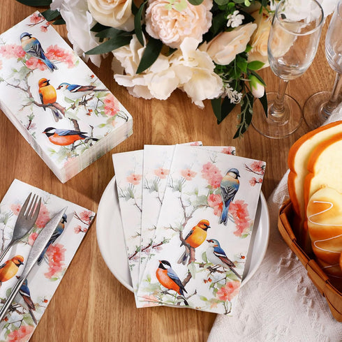 Outus 100 3 Summer Pcs Spring Floral Bird Guest Napkins Ply Vintage Themed Guest Towels Flower and Bird Fancy Napkins