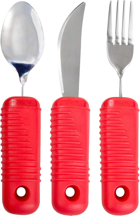 3 Piece Super Easy Grip Flatware Set - Red Fork, Knife, and Spoon, Bendable Built Up