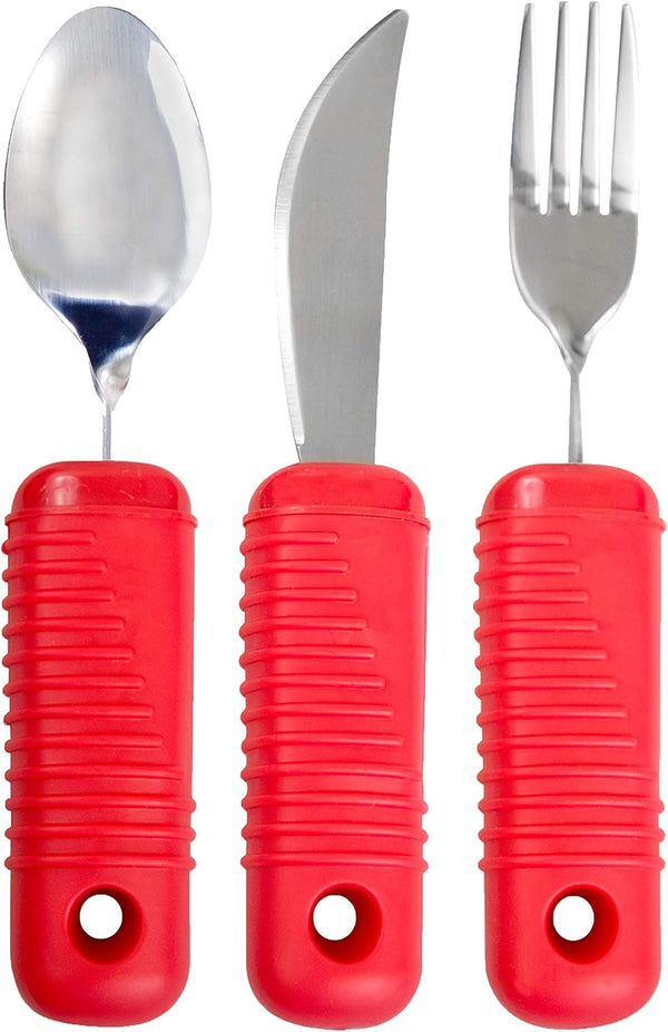 3 Piece Super Easy Grip Flatware Set - Red Fork, Knife, and Spoon, Bendable Built Up