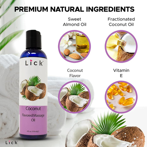 Coconut Flavored Massage Oil for Couples – Edible Massaging Lotion with Vitamin E, Sweet Almond and Coconut Oil, Non