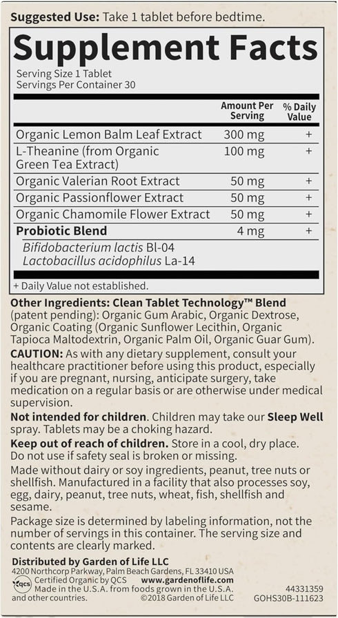 Garden of Life Organics Sleep Well - 30 Tablets - Rest & Refresh with Lemon Balm, Green Tea Extract, L-Theanine,