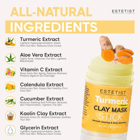 Turmeric Vitamin C Clay Face Mask Stick Set, Deep Pore Cleanser for Dark Spots and Oil Control, Gift Pack of 3