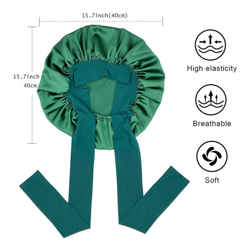Satin Silk Hair Bonnet for Sleeping, Large Bonnets with Tie Band and Adjustable Straps for Curly Braid Hair Hunter Green