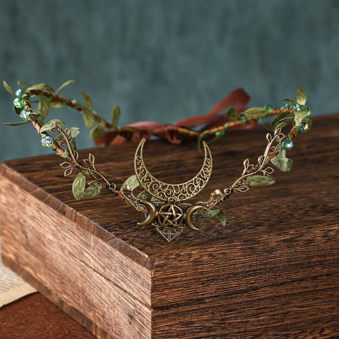 MOSTORY Handmade Moon Elf Crown - Elven Circlet Woodland Headpiece, Fairy Goddess Tiara for Halloween Cosplay