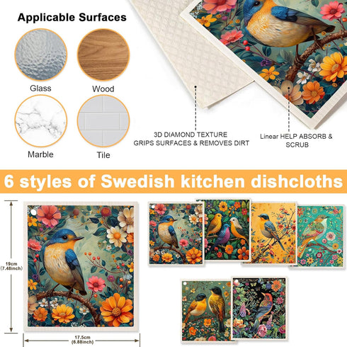 6 Pack Swedish Dishcloths for Kitchen - Reusable Dish Towels, Absorbent Cellulose Cleaning Sponge Cloths, Decorative