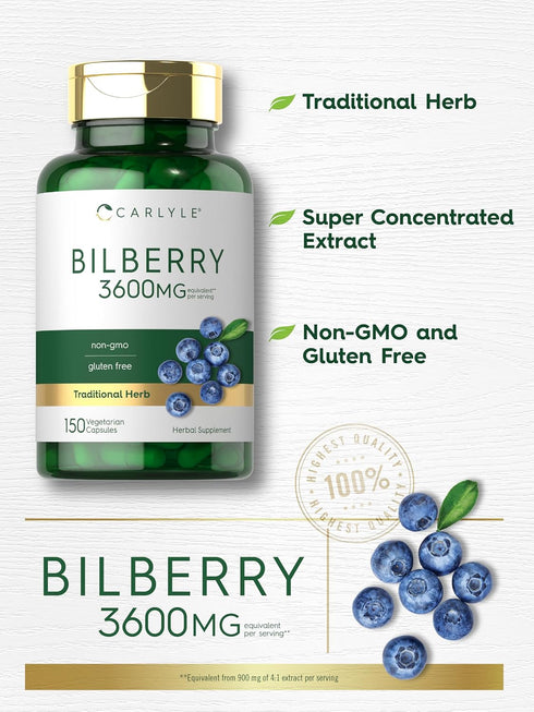 Carlyle Bilberry Extract Capsules, 3600mg, 150 Count, Vegetarian, Non-GMO, Gluten Free Fruit Supplement