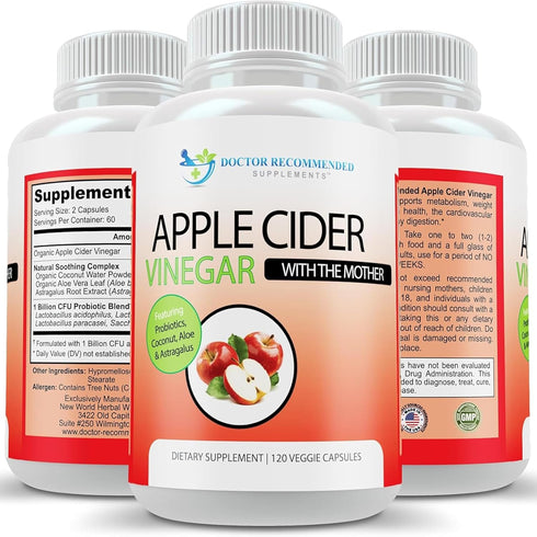 Apple Cider Vinegar Capsules - 120 Veggie Capsules, Organic ACV Supplement with Probiotics