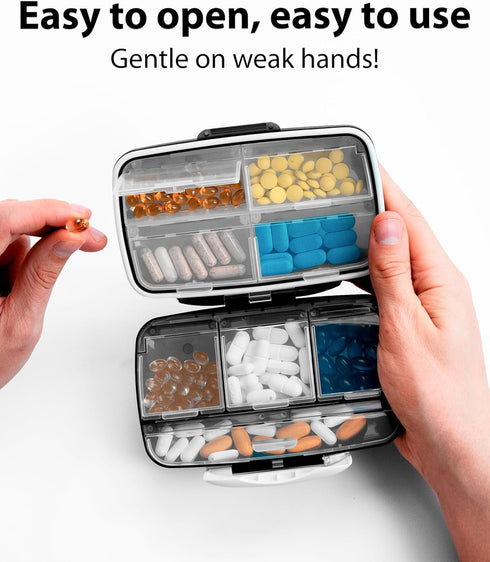 Travel Pill Organizer, Airtight Medicine Case for Traveling, Portable Pharmacy Box with Labels, 8 Compartment Holder